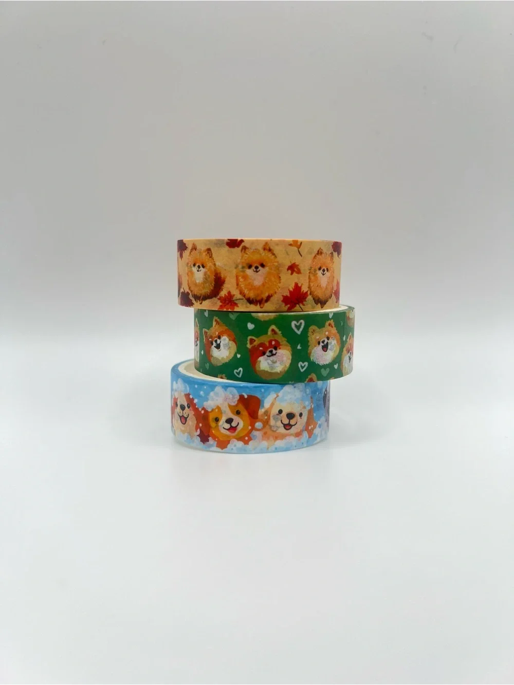 Three Animal Cute Pom Pomeranian Dog Puppy Washi Tape Trio - Brown, Green, Blue
